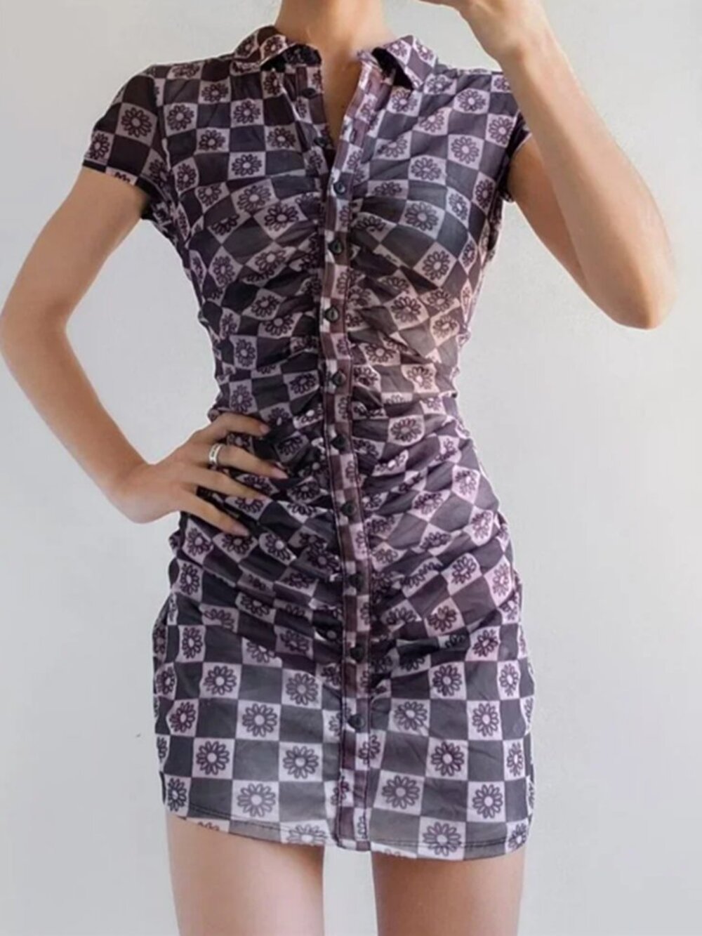 Urban Outfitters Riko Mesh Button-Front Mini Dress Checkered Floral NWT M